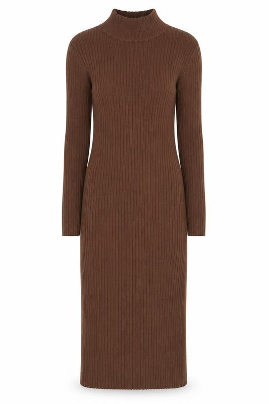 Front view of ASOS Women’s Brown Ribbed Knit Roll Neck Bodycon Midi Dress, size UK 10