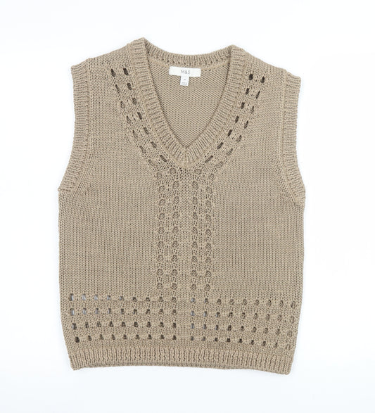 Marks and Spencer Women Beige Knit V-Neck Sleeveless Vest Medium
