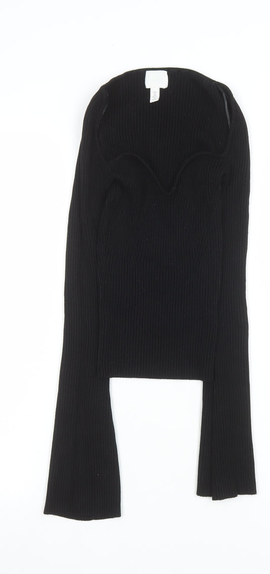H&M Women’s Black Ribbed Cropped Sweetheart Long Sleeve Top Size S