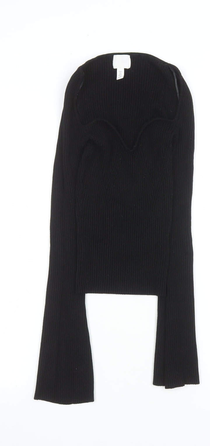 H&M Women’s Black Ribbed Cropped Sweetheart Long Sleeve Top Size S
