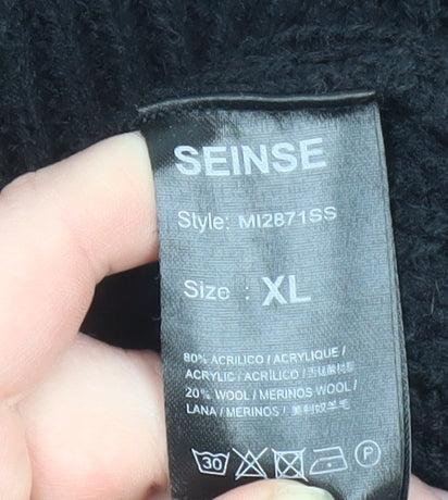 SEINSE Men's Black XL Roll Neck Cable Knit Jumper