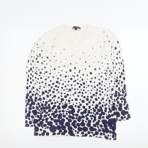 Marble Women White Polka Dot V-Neck Long Sleeve Pullover Jumper Size 10