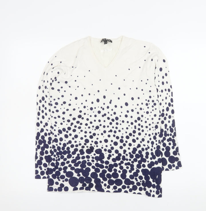 Marble Women White Polka Dot V-Neck Long Sleeve Pullover Jumper Size 10