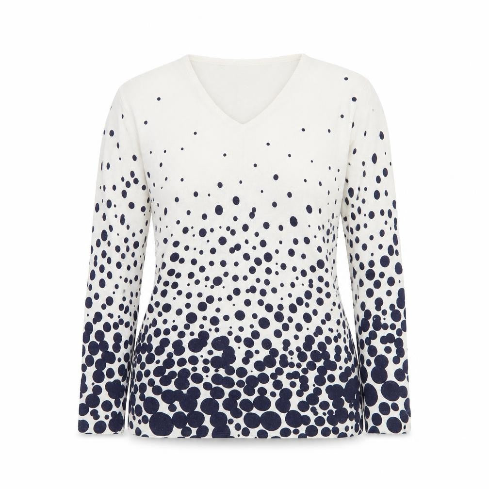 Front view of Marble Women White Polka Dot V-Neck Long Sleeve jumper, size 10