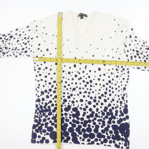 Marble Women White Polka Dot V-Neck Long Sleeve Pullover Jumper Size 10