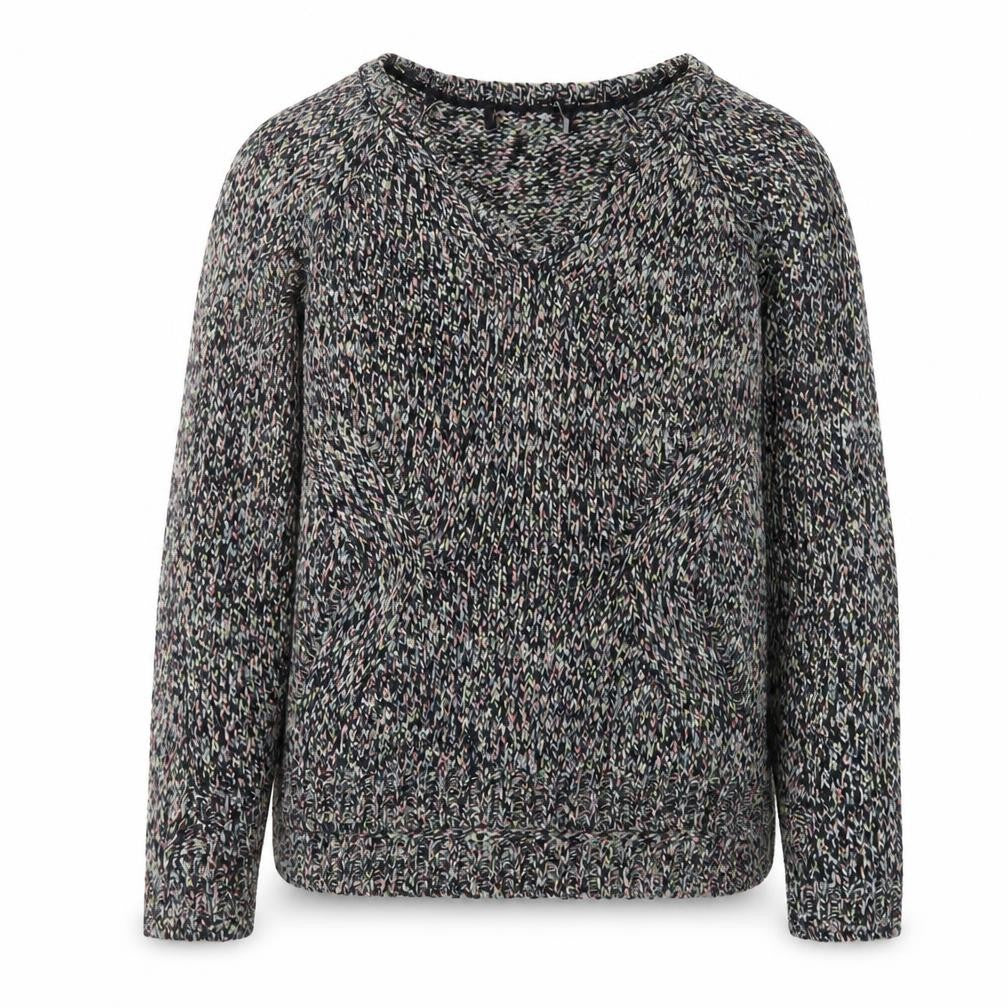 Front view of Marks & Spencer women’s multicoloured knit v-neck jumper, size UK 8