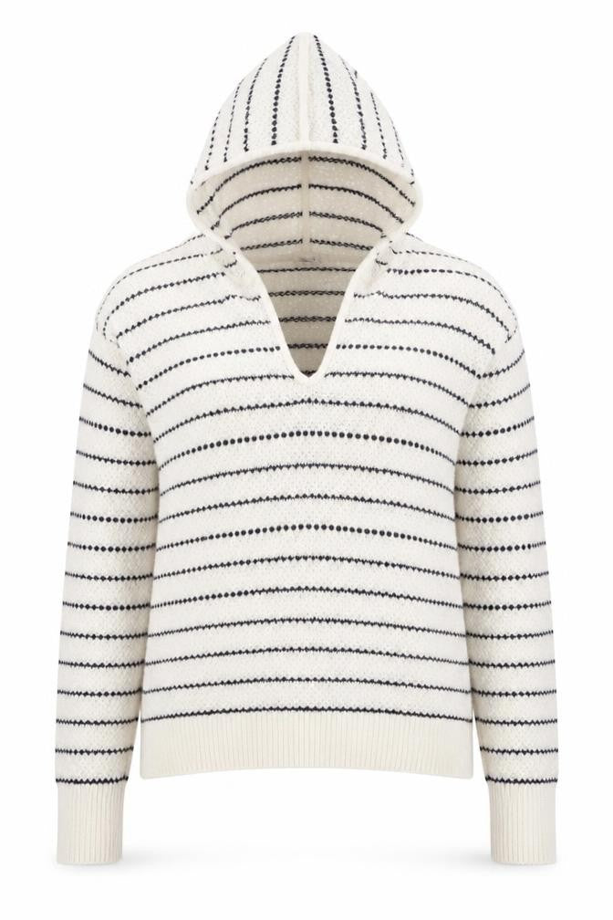 Front view of Gap women’s white striped hooded knit jumper, size M