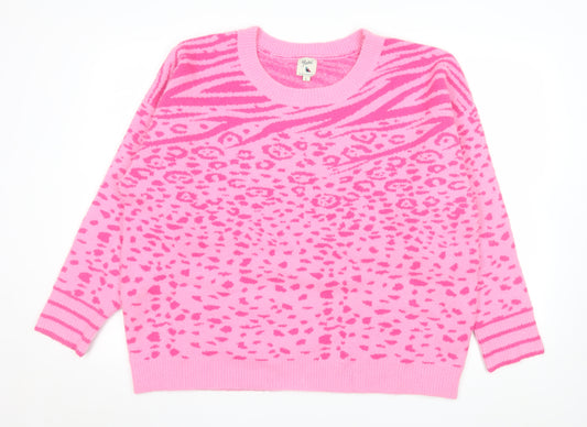 Yumi Women Pink Animal Print Pullover Jumper Size L