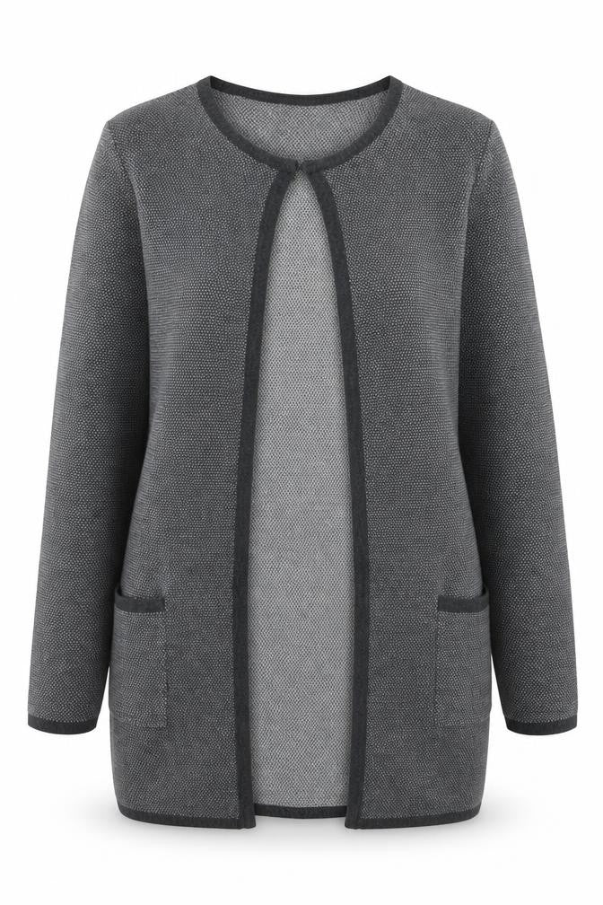 Front view of Ellen Tracy Women's Grey Long Sleeve Open Knit Cardigan, size L