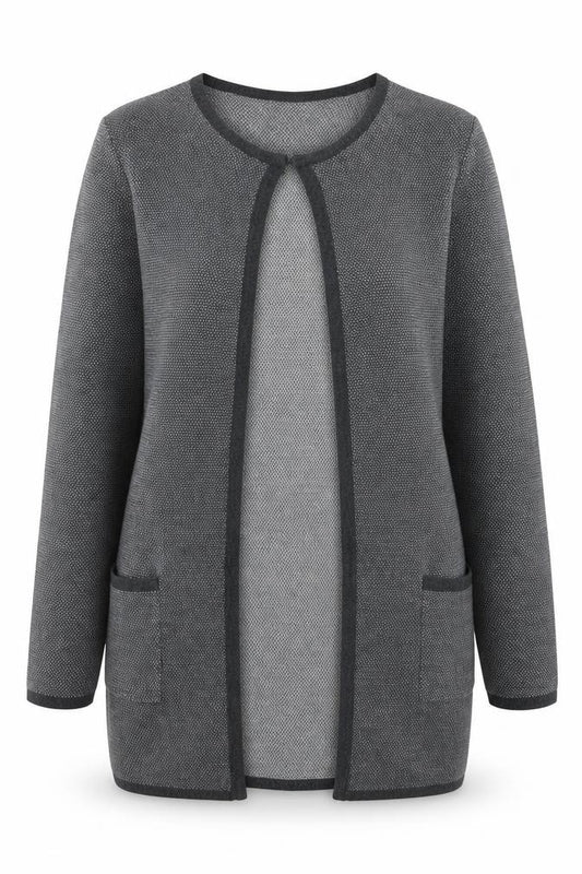 Front view of Ellen Tracy Women's Grey Long Sleeve Open Knit Cardigan, size L