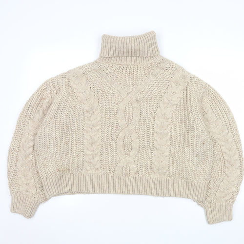 H&M Women’s Beige Chunky Roll Neck Cable Knit Jumper Size 12