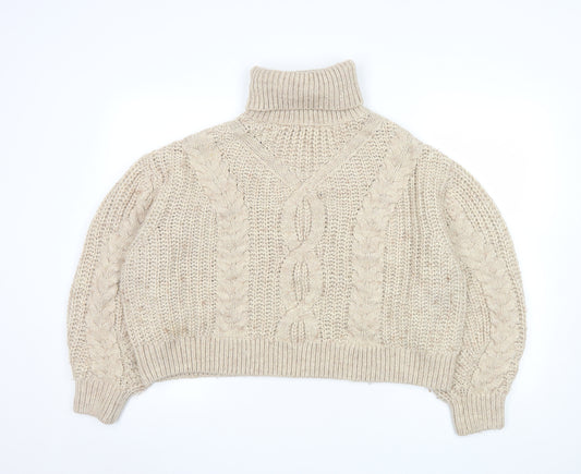 H&M Women’s Beige Chunky Roll Neck Cable Knit Jumper Size 12