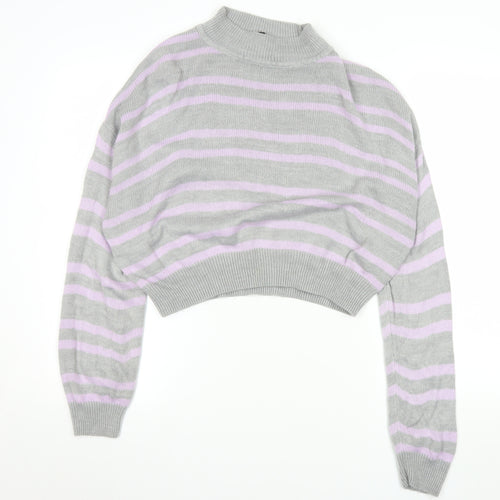 H&M Women’s Grey Pink Striped Mock Neck Jumper Size 12