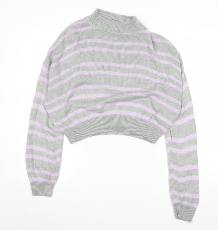 H&M Women’s Grey Pink Striped Mock Neck Jumper Size 12