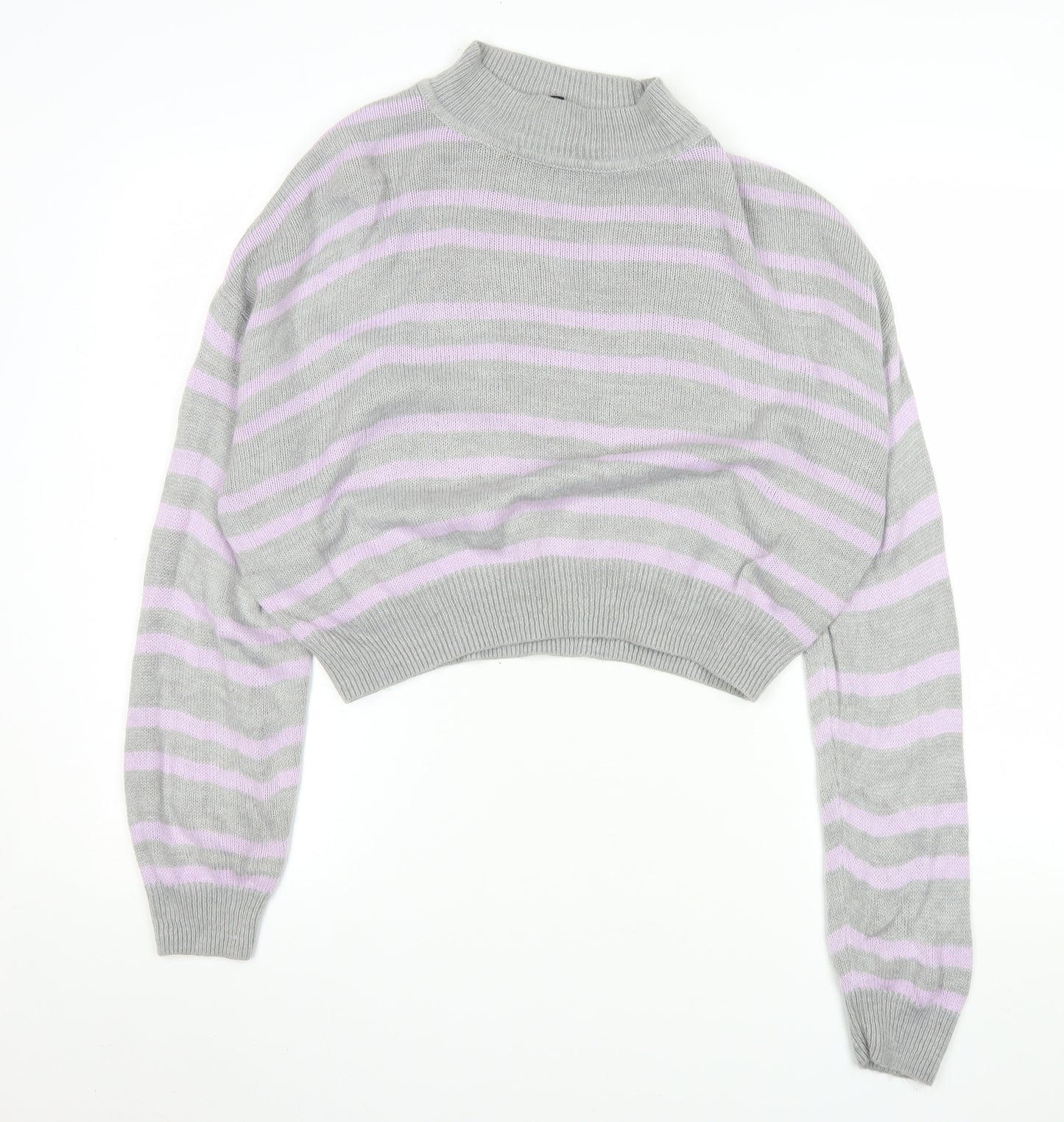 H&M Women’s Grey Pink Striped Mock Neck Jumper Size 12