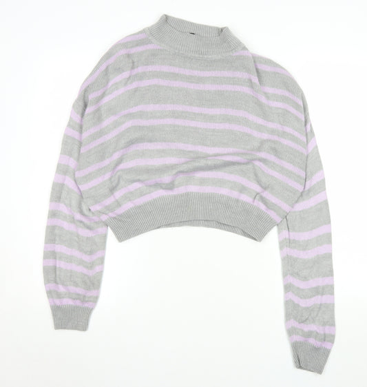 H&M Women’s Grey Pink Striped Mock Neck Jumper Size 12