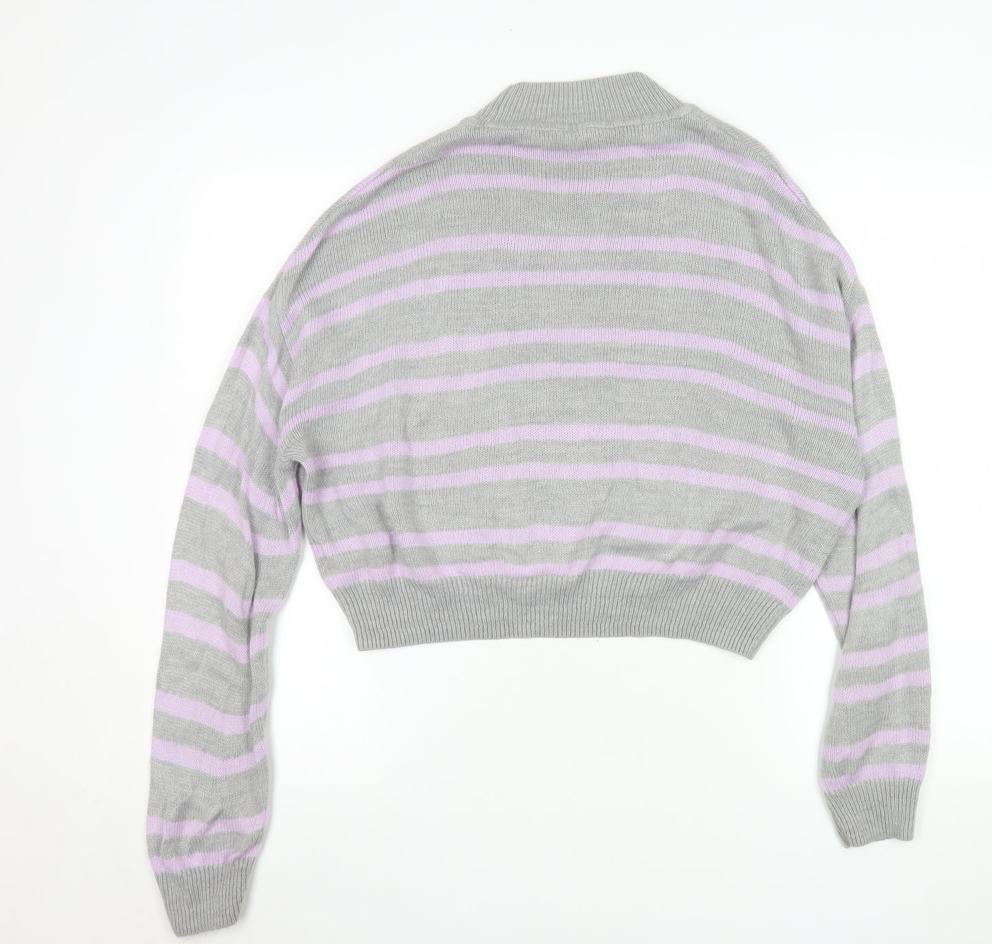 H&M Women’s Grey Pink Striped Mock Neck Jumper Size 12