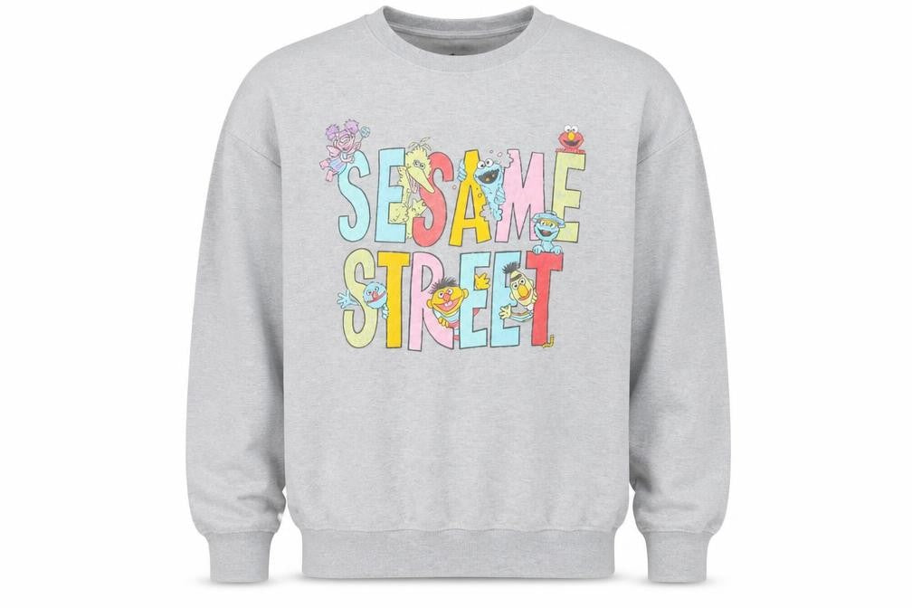 Front view of Sesame Street Grey Graphic Print Men's L Crew Neck Pullover Sweatshirt