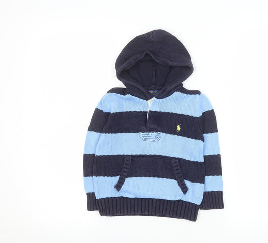 Ralph Lauren Boys Blue Navy Striped Hooded Cotton Jumper Size 4 Years
