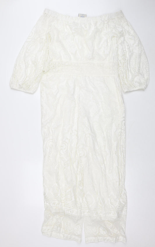 Farm Rio for Anthropologie White Lace Off Shoulder Jumpsuit Women’s M