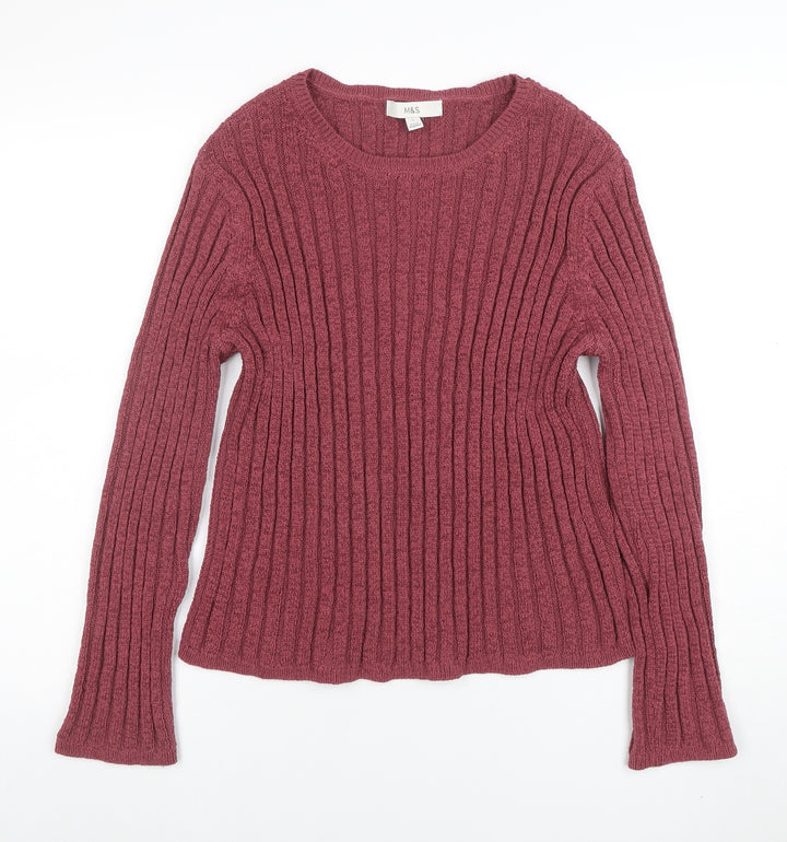 Marks and Spencer Women Purple L Rib Knit Crew Neck Jumper