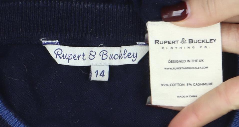Rupert & Buckley Women's Blue Striped Cotton Cashmere Jumper Size 14