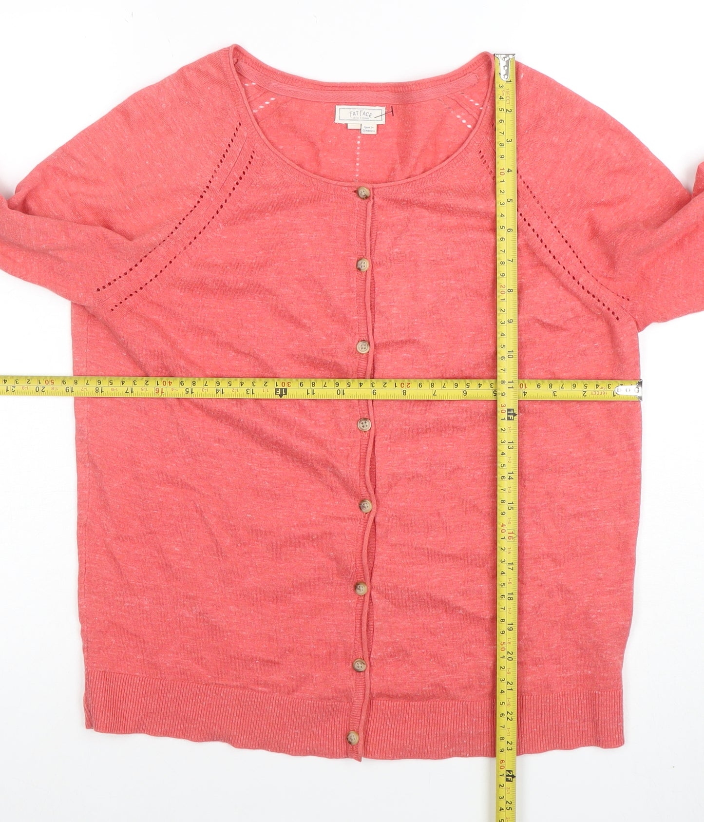 Fat Face Women's Pink Cotton 3/4 Sleeve Button Cardigan Size 14