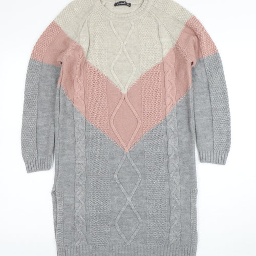 Insiarah Women's Grey Pink Colourblock Knit Jumper Dress Size S Long Sleeve