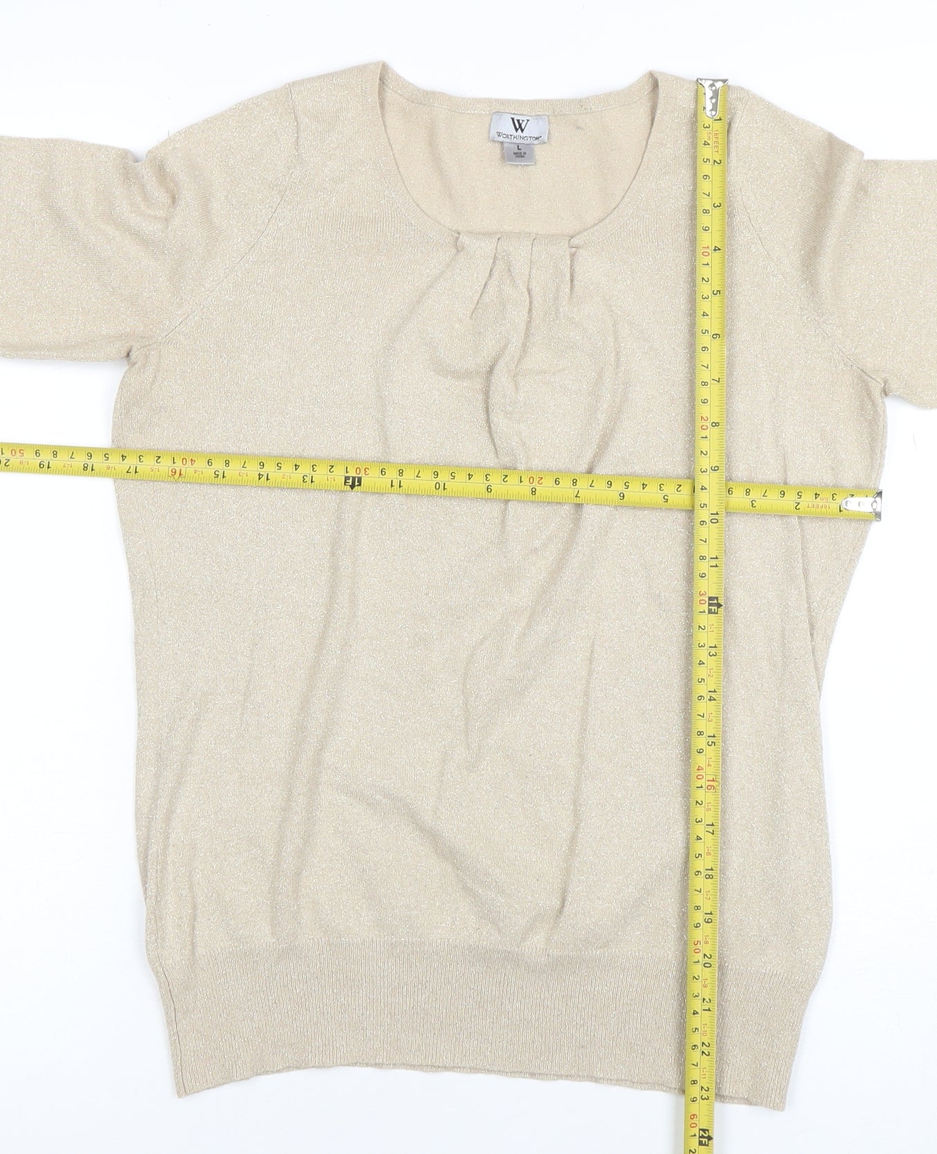 Worthington Women's Beige Knit 3/4 Sleeve Scoop Neck Blouse Size L