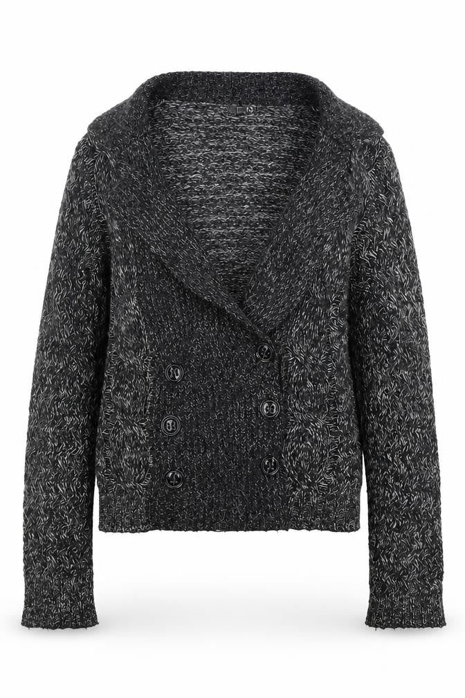 Front view of GANT women’s grey chunky knit wool blend shawl collar cardigan, size M
