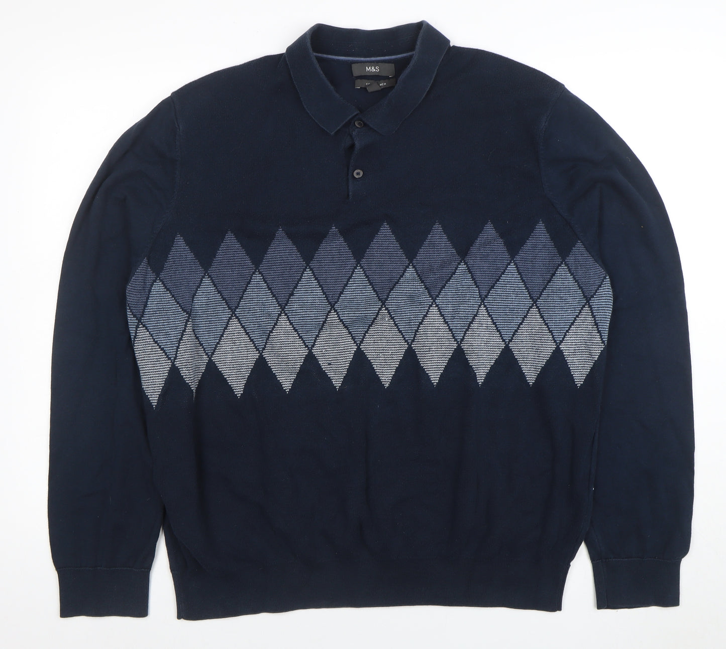 Marks and Spencer Men Navy Blue Argyle Long Sleeve Polo 3XL Cotton Blend