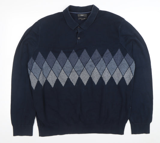 Marks and Spencer Men Navy Blue Argyle Long Sleeve Polo 3XL Cotton Blend