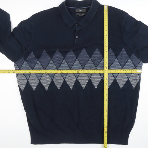 Marks and Spencer Men Navy Blue Argyle Long Sleeve Polo 3XL Cotton Blend
