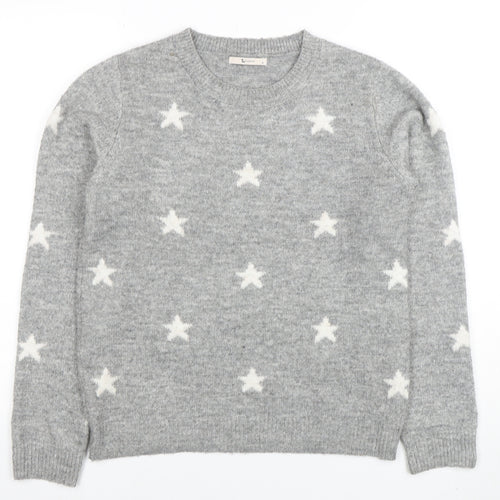 Tu Women Grey Star Knit Crew Neck Jumper Size 10