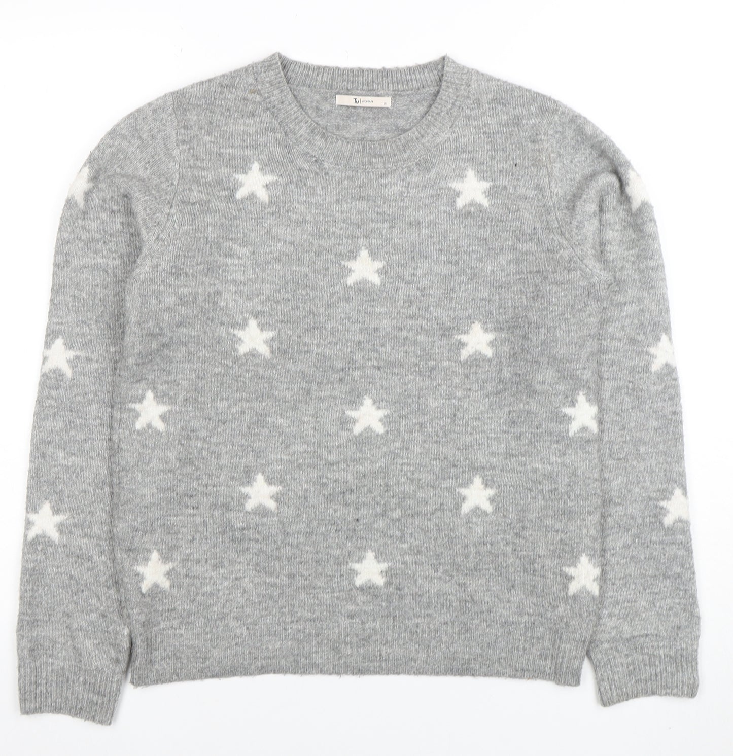 Tu Women Grey Star Knit Crew Neck Jumper Size 10