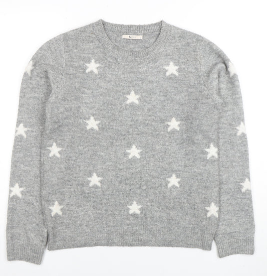Tu Women Grey Star Knit Crew Neck Jumper Size 10