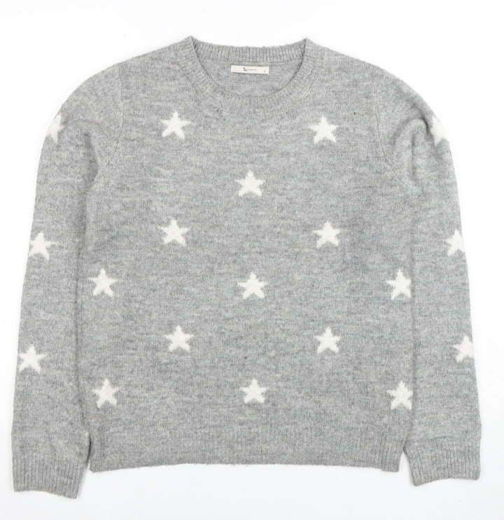 Tu Women Grey Star Knit Crew Neck Jumper Size 10