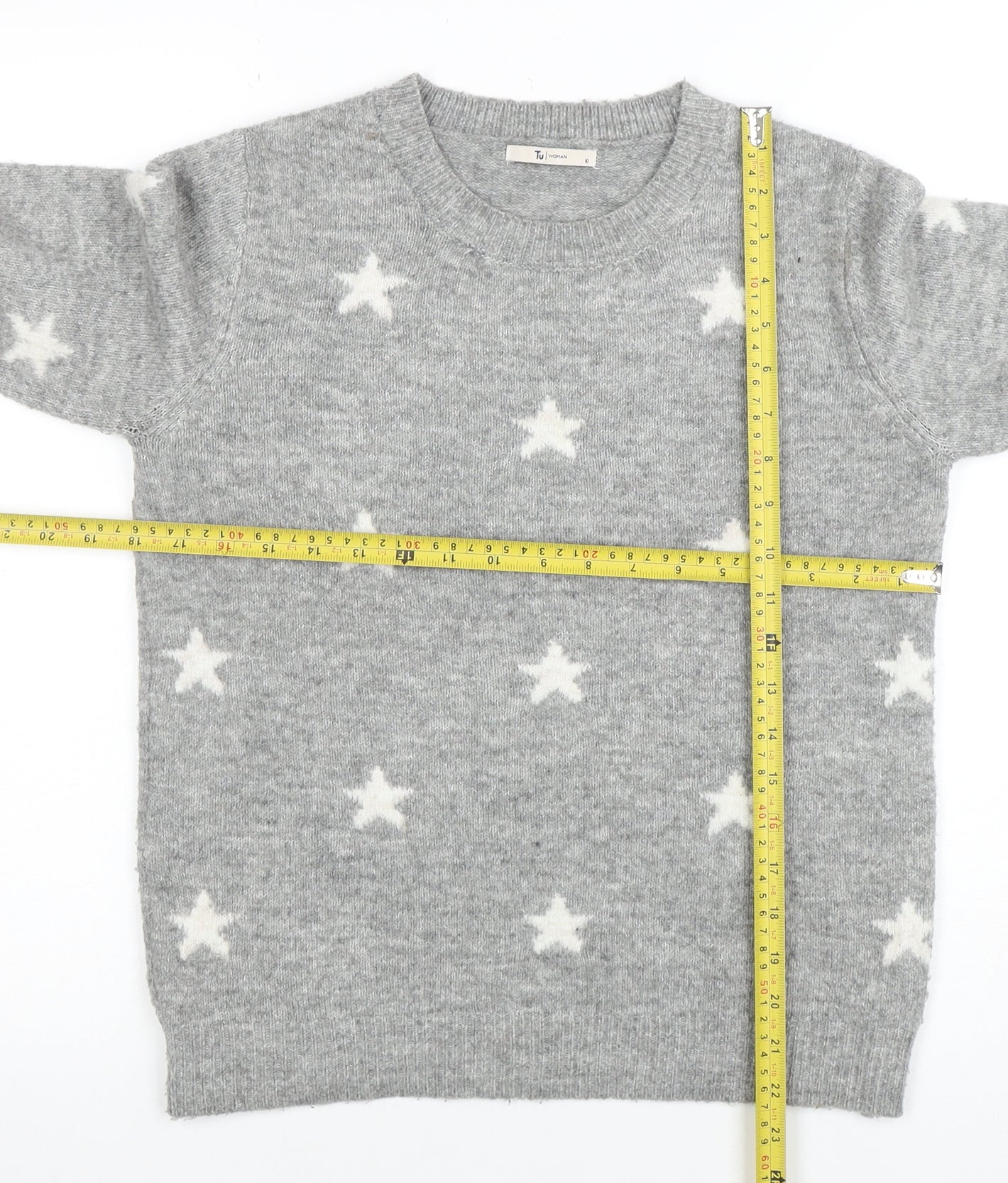 Tu Women Grey Star Knit Crew Neck Jumper Size 10