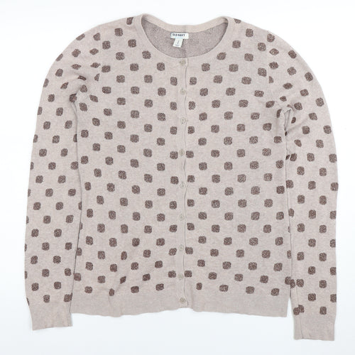 Old Navy Women Beige Polka Dot Cardigan M Knit Crew Neck