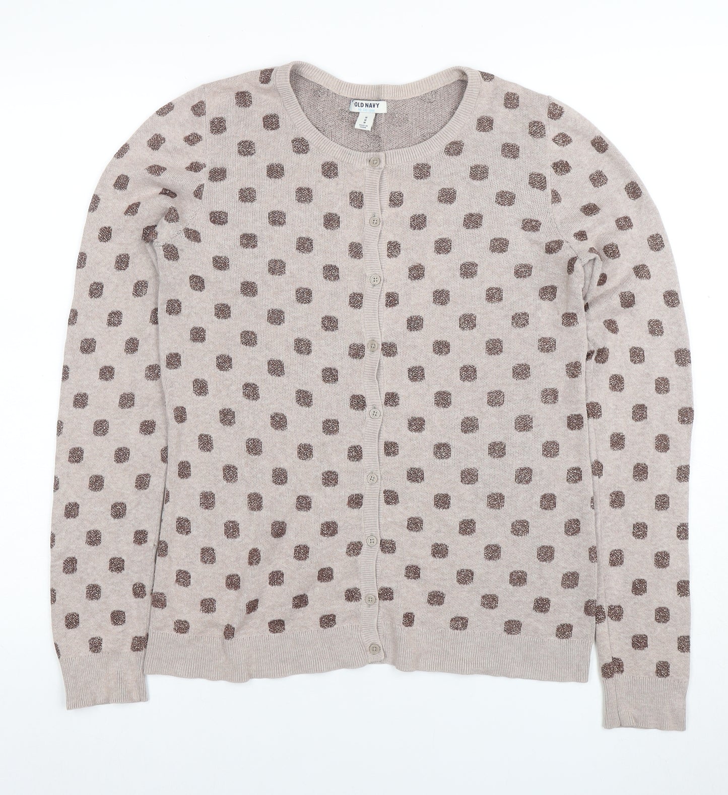 Old Navy Women Beige Polka Dot Cardigan M Knit Crew Neck