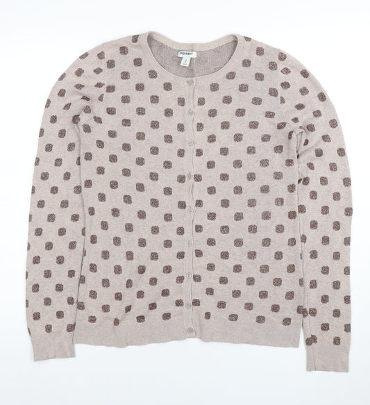 Old Navy Women Beige Polka Dot Cardigan M Knit Crew Neck