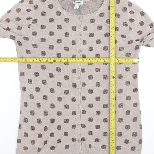 Old Navy Women Beige Polka Dot Cardigan M Knit Crew Neck