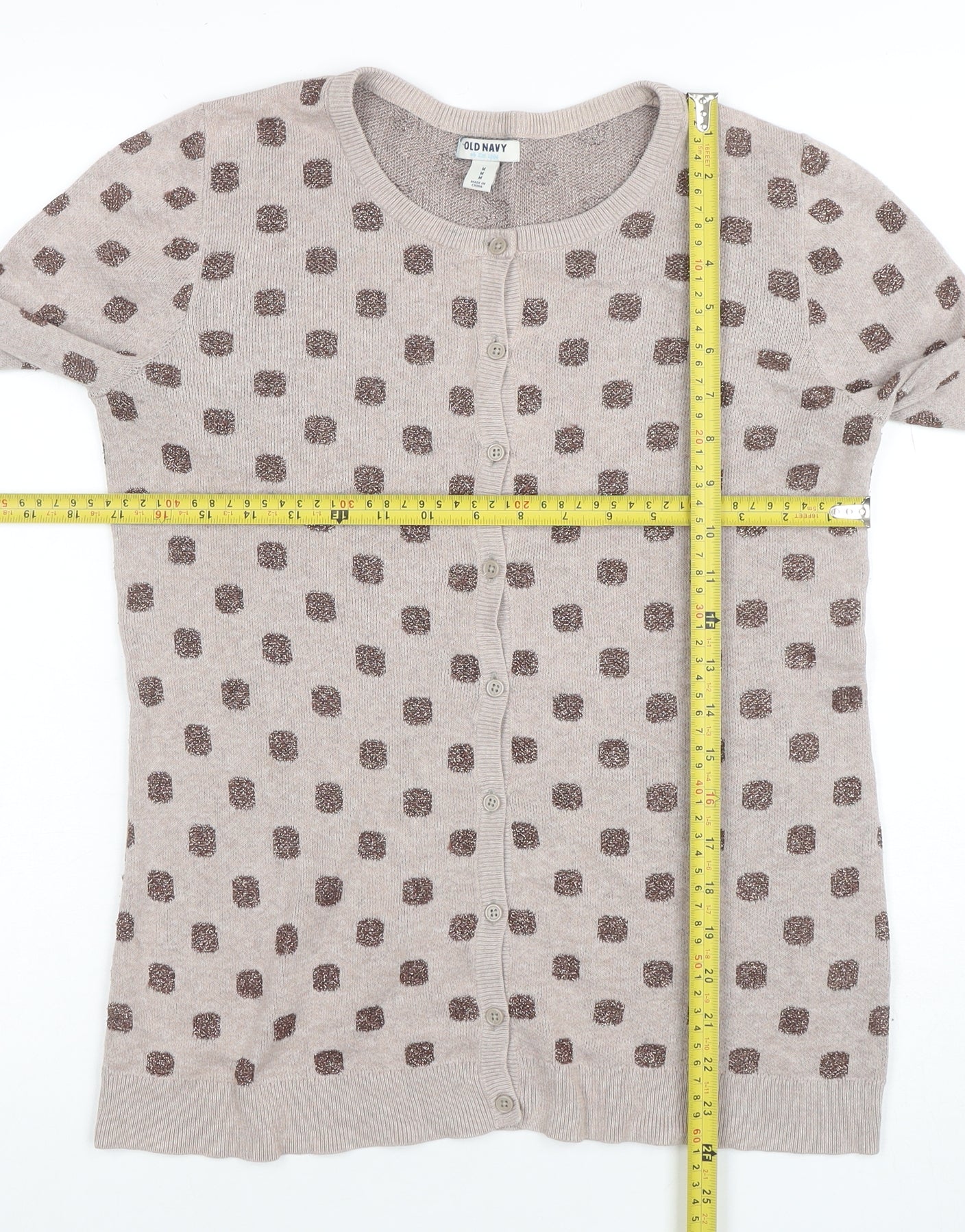 Old Navy Women Beige Polka Dot Cardigan M Knit Crew Neck