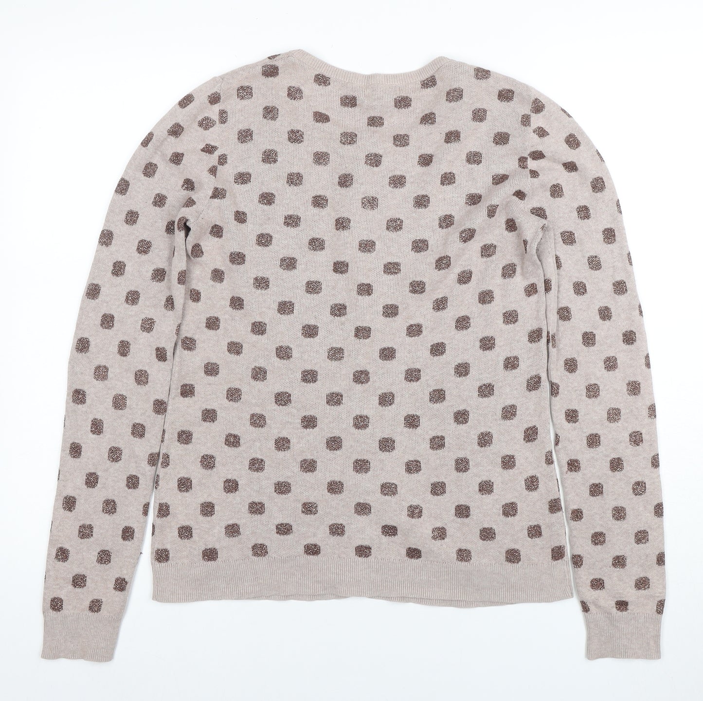 Old Navy Women Beige Polka Dot Cardigan M Knit Crew Neck