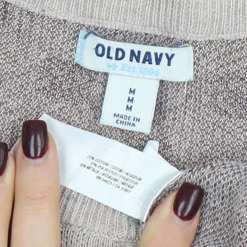 Old Navy Women Beige Polka Dot Cardigan M Knit Crew Neck