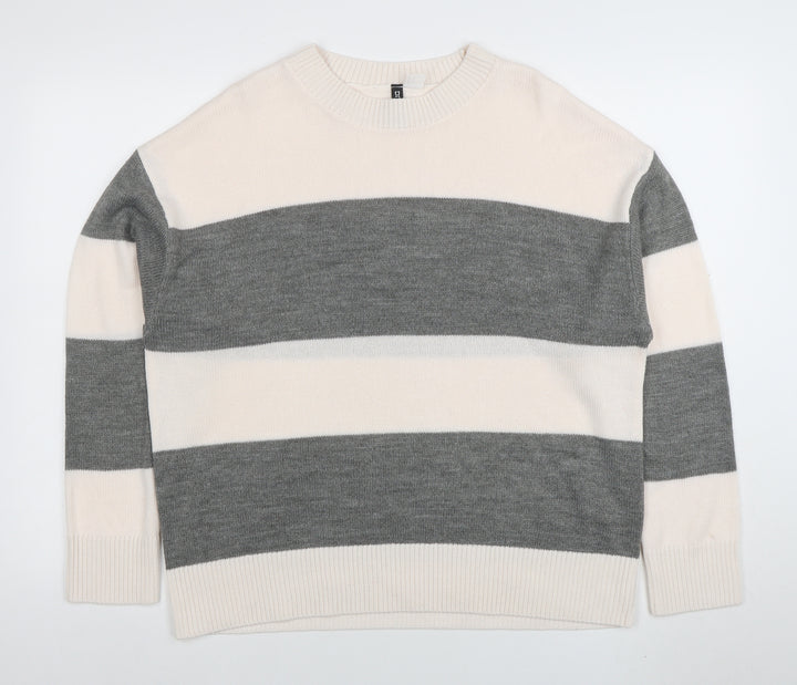 H&M Divided Women’s Grey White Striped Knit Jumper Size M