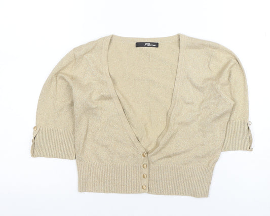 Jane Norman Women's Gold Metallic 3/4 Sleeve V-Neck Cardigan Size 10