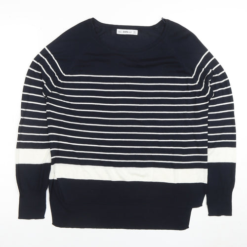 Zara Women Blue Striped Knit Long Sleeve Boat Neck Blouse M