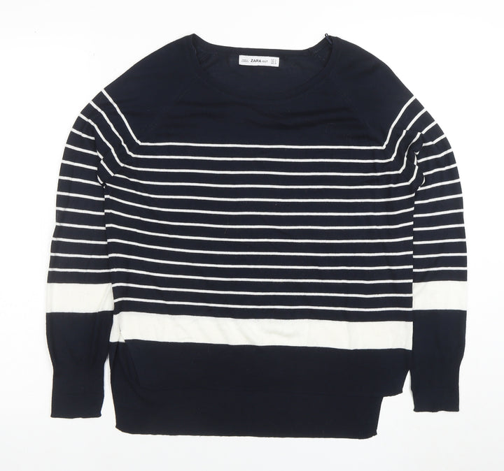 Zara Women Blue Striped Knit Long Sleeve Boat Neck Blouse M