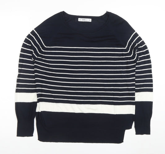 Zara Women Blue Striped Knit Long Sleeve Boat Neck Blouse M